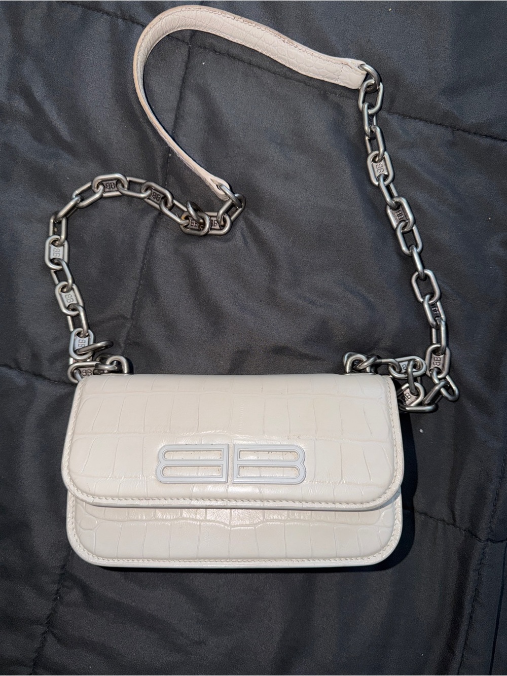 Balenciaga Cream Croc-Embossed Leather Shoulder Bag with Chain Strap